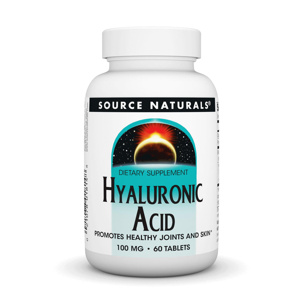 Source Naturals Hyaluronic Acid tablets in bottle front showing daily use potential