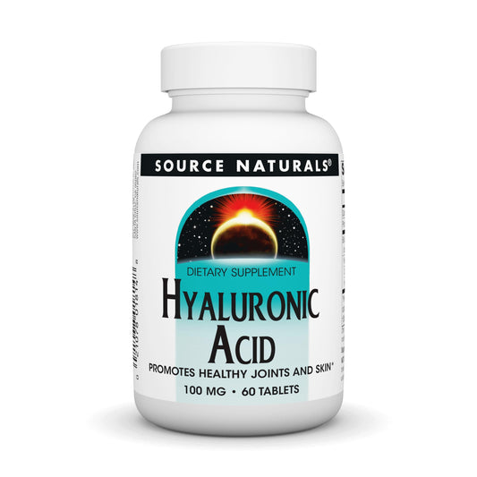 Source Naturals Hyaluronic Acid tablets in bottle front showing daily use potential