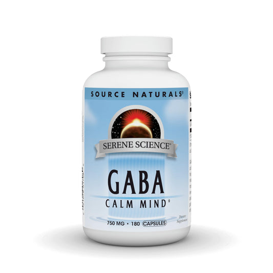 Source Naturals Serene Science GABA bottle on a shelf for calm mindset.