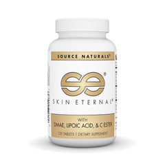Source Naturals Skin Eternal botella vertiendo, posible apoyo a la elasticidad de la piel.