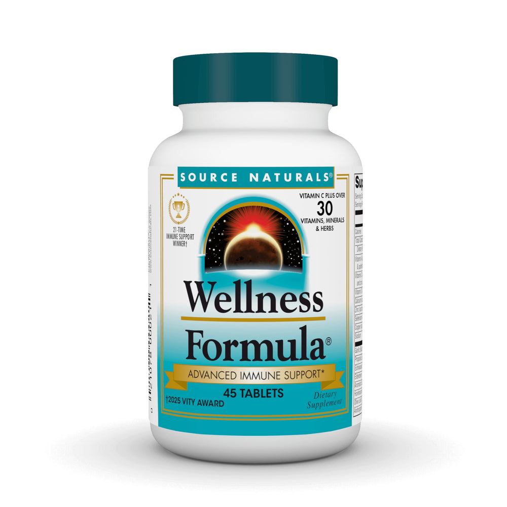 Source Naturals frasco frontal mostrando diseño y 45 tabletas como confianza