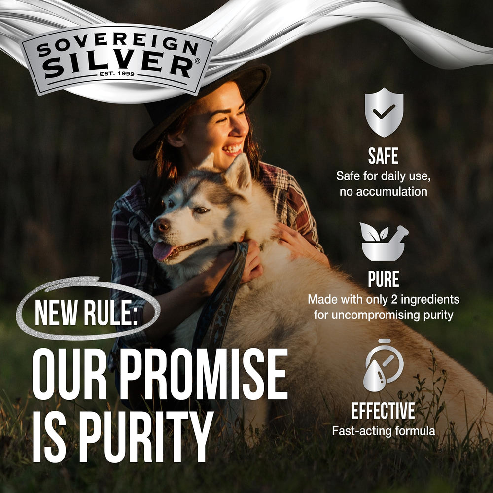 Sovereign Silver primer plano de la solución coloidal destacando aspecto claro y puro