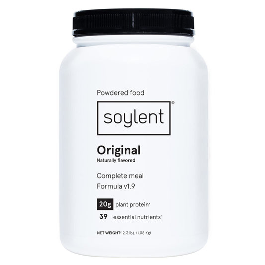 Soylent envase frontal 36.8 oz mostrando diseño y conveniencia