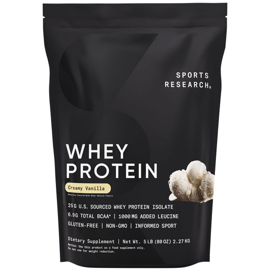 Sports Research frente del empaque mostrando el tamaño de 5 lb y beneficio de proteína