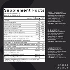 Sports Research etiqueta nutricional enfocada en electrolitos y vitaminas