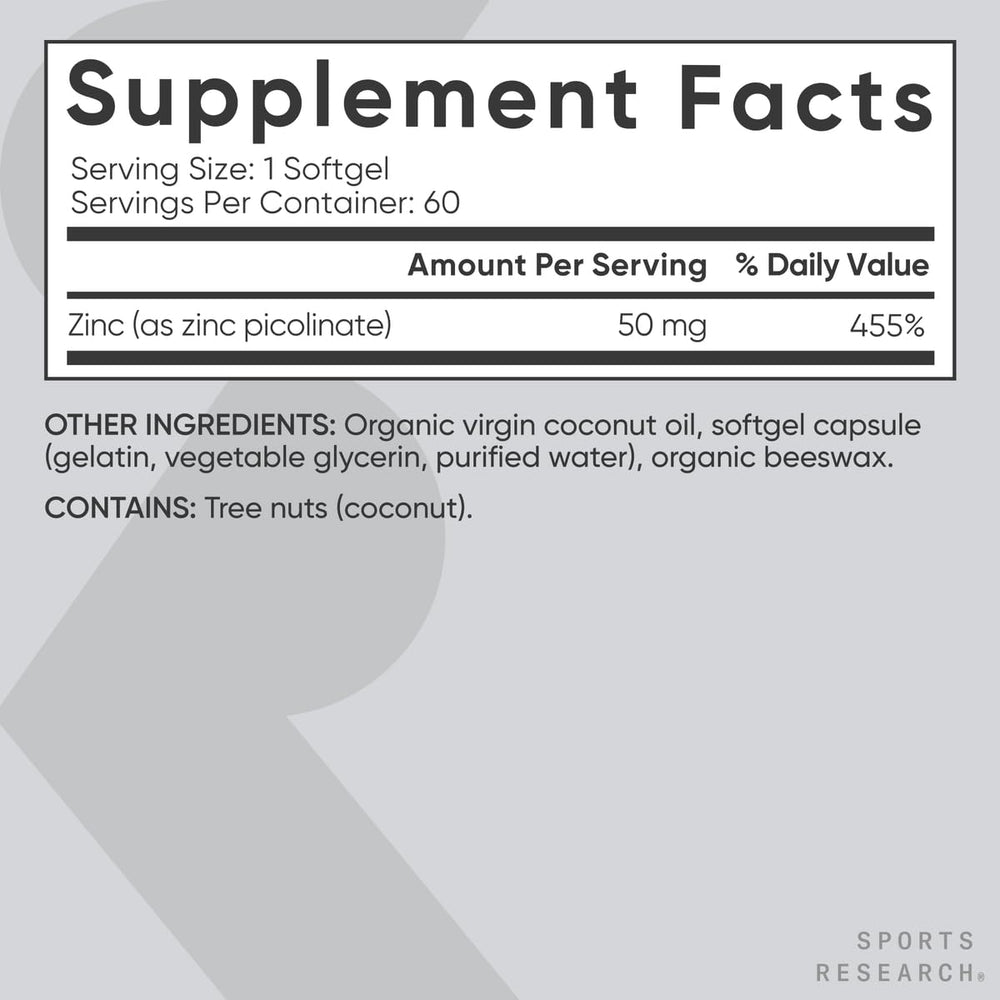 Sports Research etiqueta nutricional legible con información de zinc 50 mg