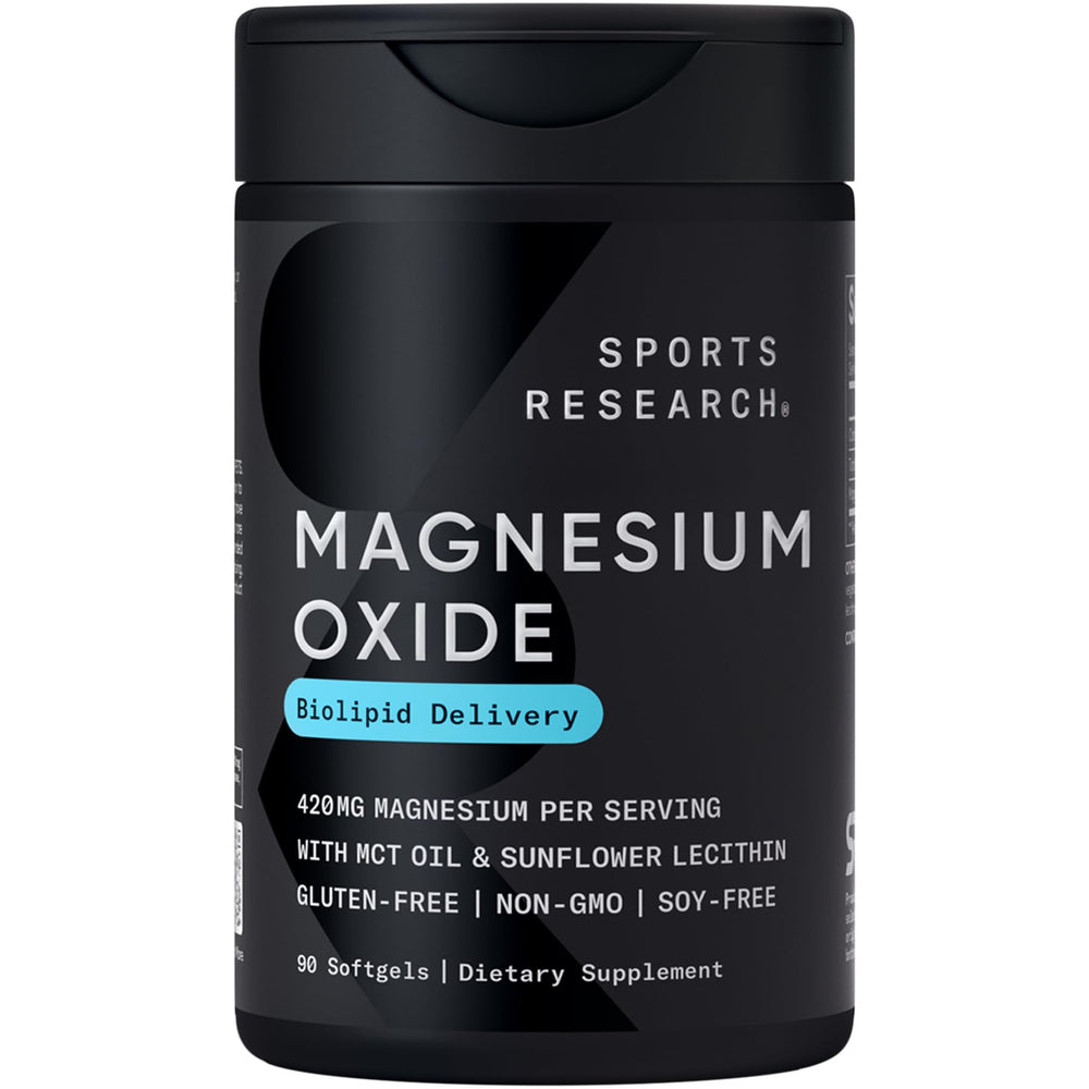 Sports Research frasco frontal mostrando 90 softgels y beneficios de calidad