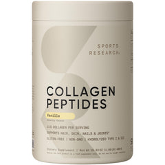 Sports Research frente del envase mostrando etiqueta y sabor vainilla, confianza de marca