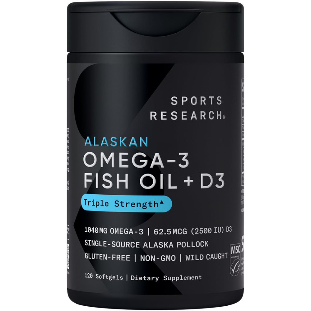 Sports Research envase frontal del suplemento omega-3 D3 con información visible y confianza