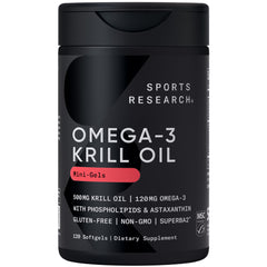 Sports Research frente del paquete de Krill Oil mostrando presentación y beneficio