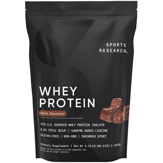 Sports Research empaque frontal de 5.42 lb mostrando marca y sabor chocolate para almacenamiento conveniente