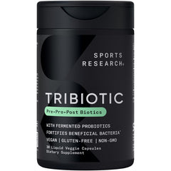 Sports Research frasco frontal mostrando etiquetado y beneficio para digestión