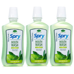 Spry enjuague frontal con xilitol mostrando el envase y beneficio refrescante