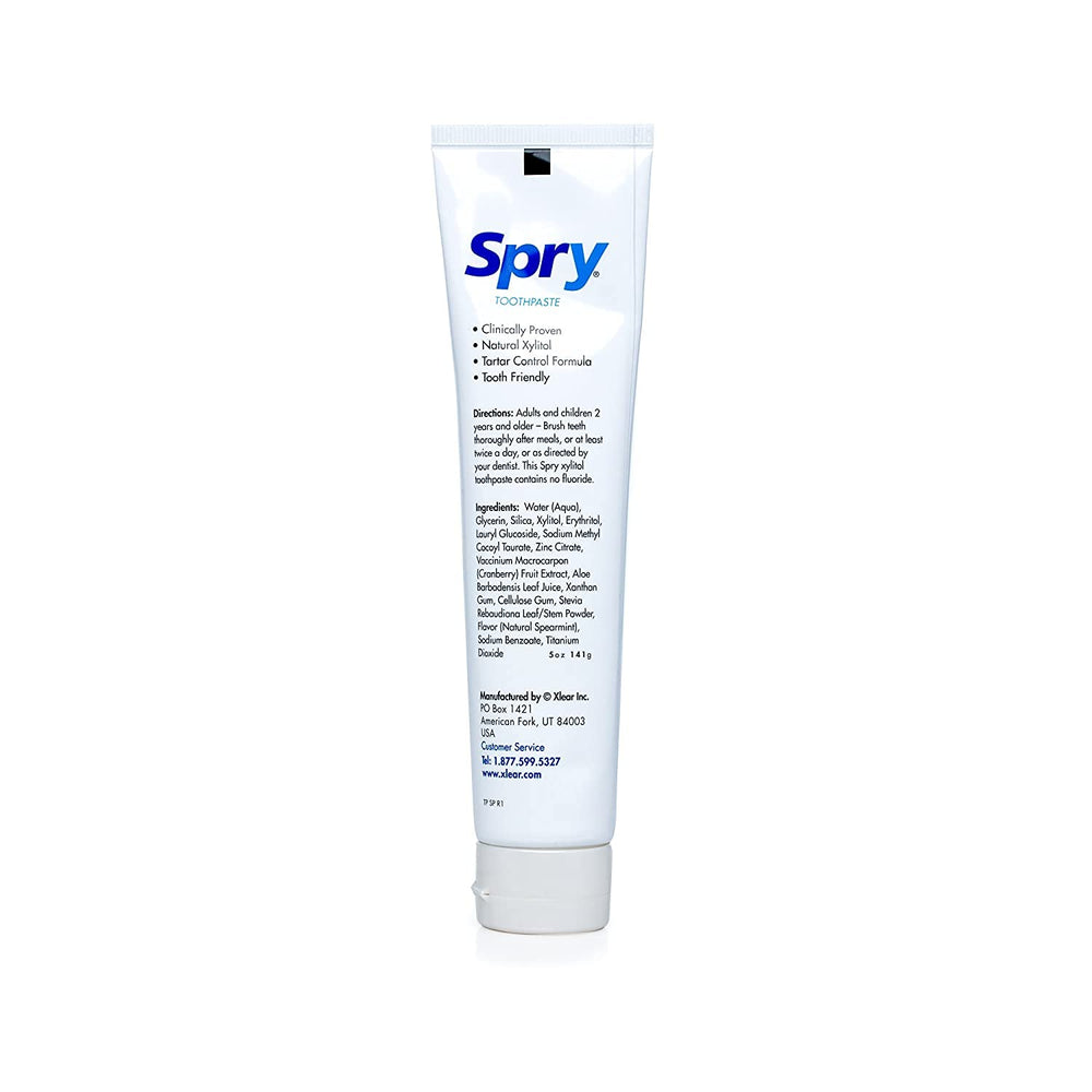 Spry ingredientes con menta y xylitol visibles, resalta origen natural