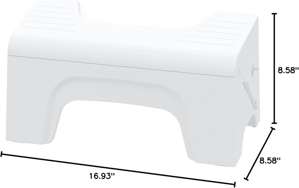 Squatty Potty comparación de tamaño con un objeto cotidiano para visualizar escala y portabilidad