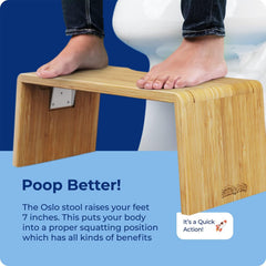 Persona adulta usando Squatty Potty Oslo demostrando postura cómoda