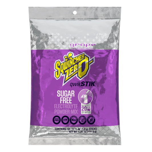 Sqwincher Zero frente del empaque mostrando 50 sobres, práctico para almacenamiento