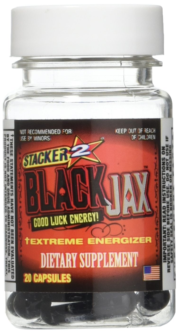 Stacker 2 Black Jax vista frontal del frasco mostrando 20 cápsulas y etiqueta clara