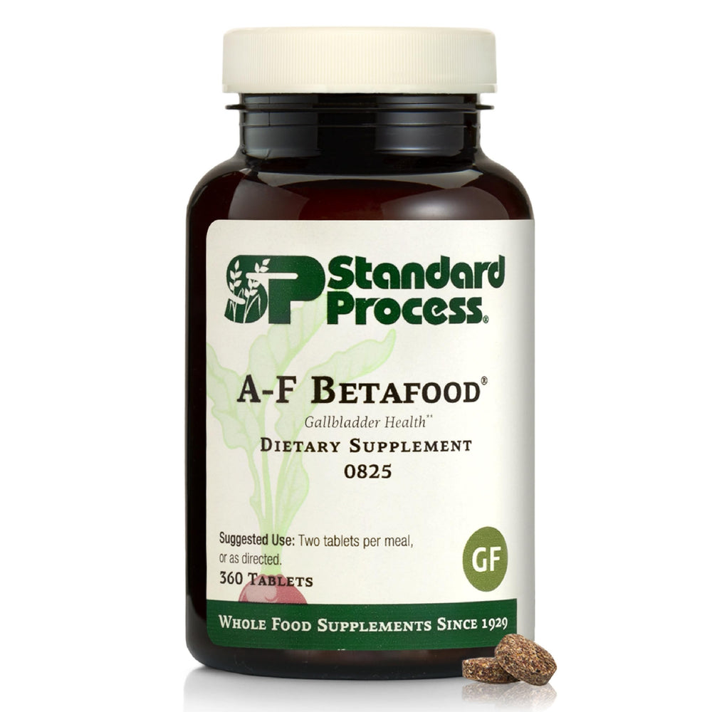 Botella de Standard Process A-F Betafood para apoyo al flujo biliar.