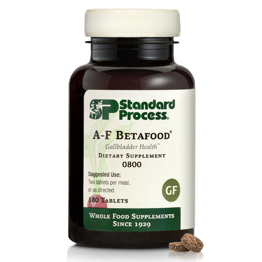 Standard Process A-F Betafood envase frontal mostrando dosis y beneficios