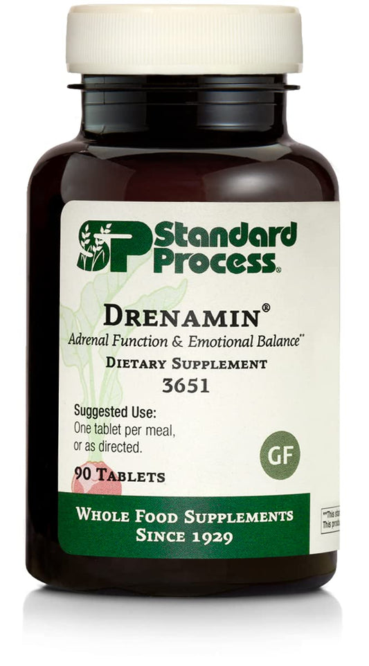 Standard Process Drenamin frente del empaque mostrando información y beneficio de soporte adrenal