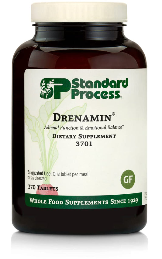 Standard Process Drenamin frasco mostrando etiqueta y beneficios visibles