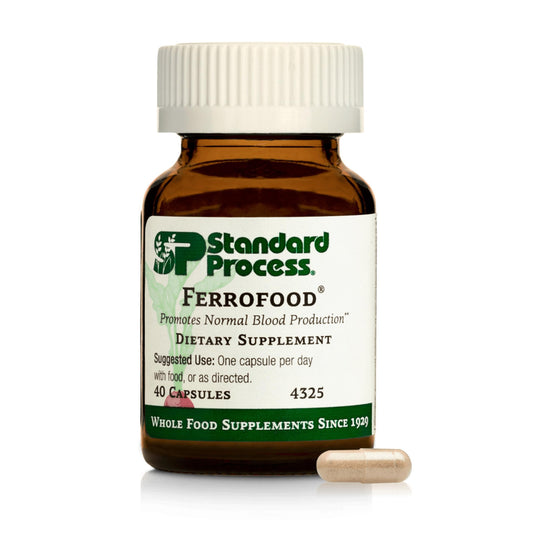 Standard Process Ferrofood: botella de cápsulas para apoyar la producción de sangre normal.