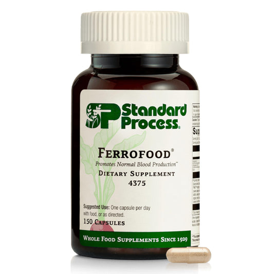 Standard Process Ferrofood frontal del envase mostrando 150 cápsulas y beneficios