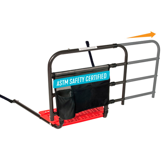 Stander barandilla frontal y empaque mostrando robustez y seguridad