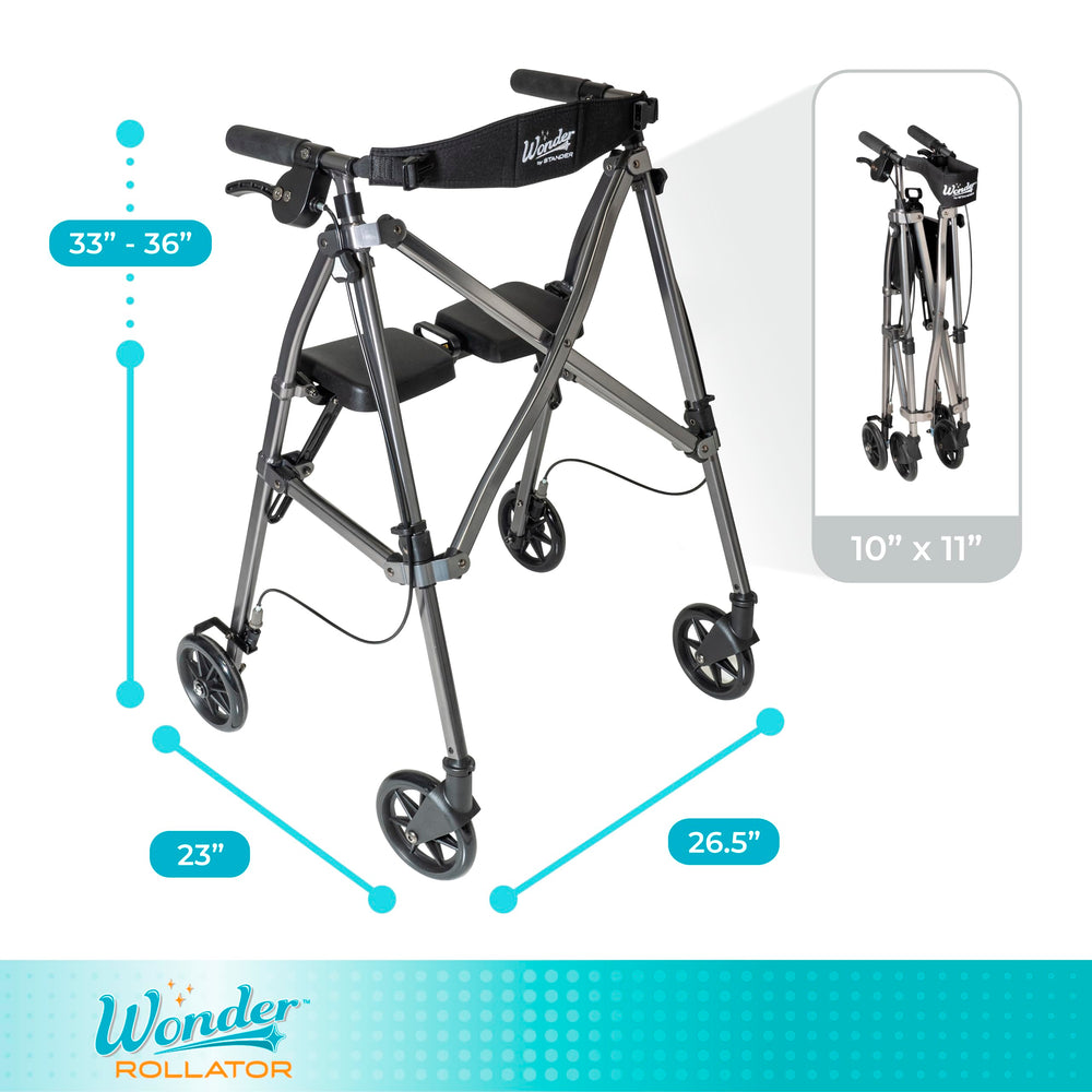 Able Life Stander Space Saver comparación de tamaño junto a una silla mostrando huella reducida