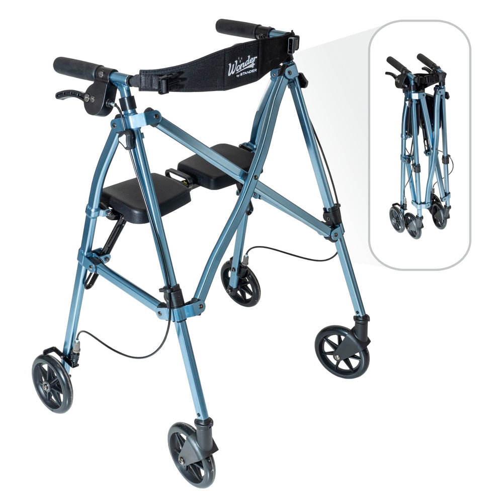 Stander frontal del rollator cobalto mostrando marco y asiento, estabilidad inmediata