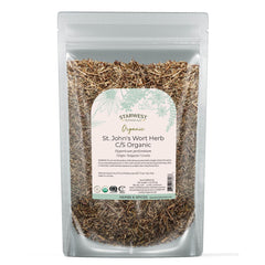 Starwest Botanicals bolsa frontal con hierba de San Juan orgánica mostrando sello USDA