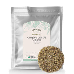 Starwest Botanicals paquete frontal de orégano orgánico mostrando tamaño y marca
