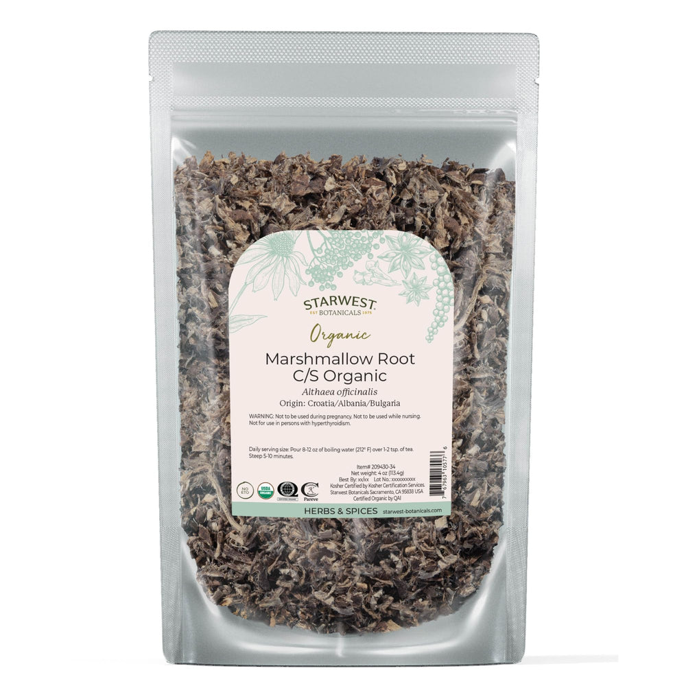 Starwest Botanicals frente del envase mostrando producto orgánico y peso