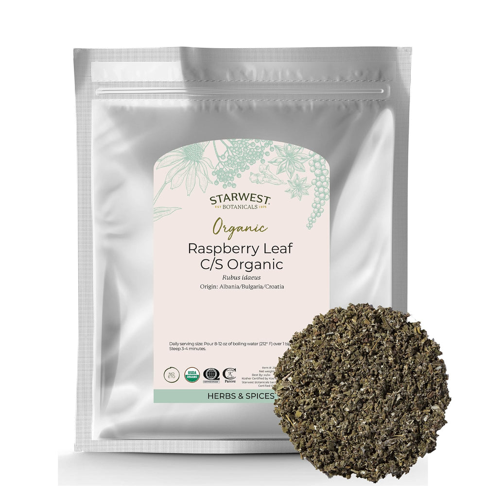 Starwest Botanicals bolsa frontal 1 lb de hoja de frambuesa orgánica, almacenamiento práctico