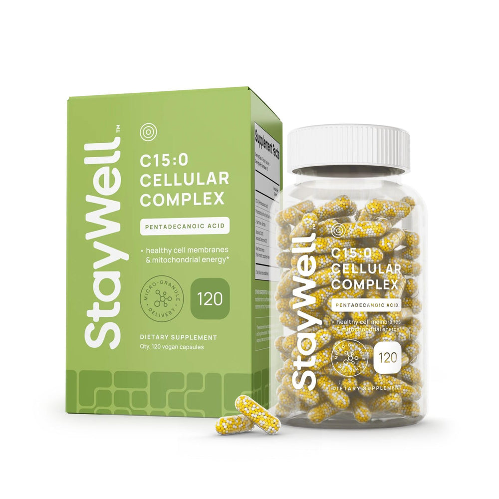 Stay-Well Naturals frente del envase mostrando suplemento C15:0 y claridad del contenido