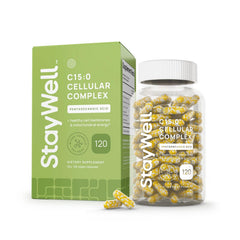 Stay-Well Naturals frente del envase mostrando suplemento C15:0 y claridad del contenido