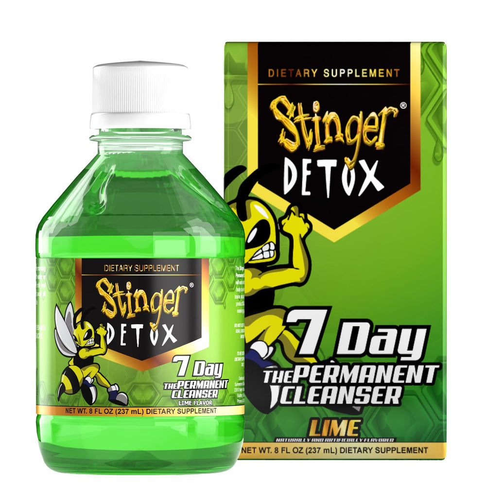 Stinger Detox frontal del envase mostrando sabor lima y tamaños prácticos