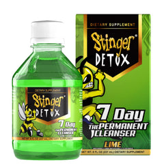 Stinger Detox frontal del envase mostrando sabor lima y tamaños prácticos