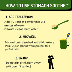 Stomach Soothe envase abierto con polvo, muestra la cantidad y consistencia del producto