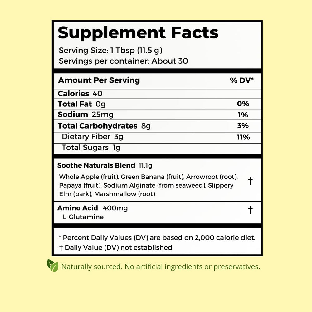 Stomach Soothe ingredientes secos exhibidos, evidencia de formulación vegetal limpia