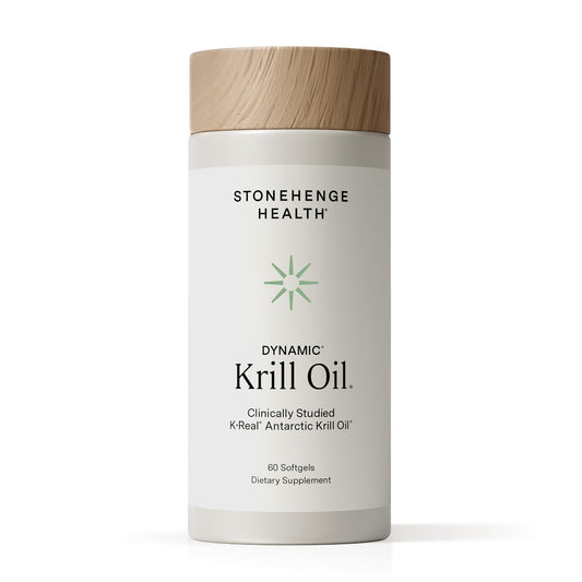 Stonehenge Health frasco frontal de Dynamic Krill Oil mostrando presentación y beneficio