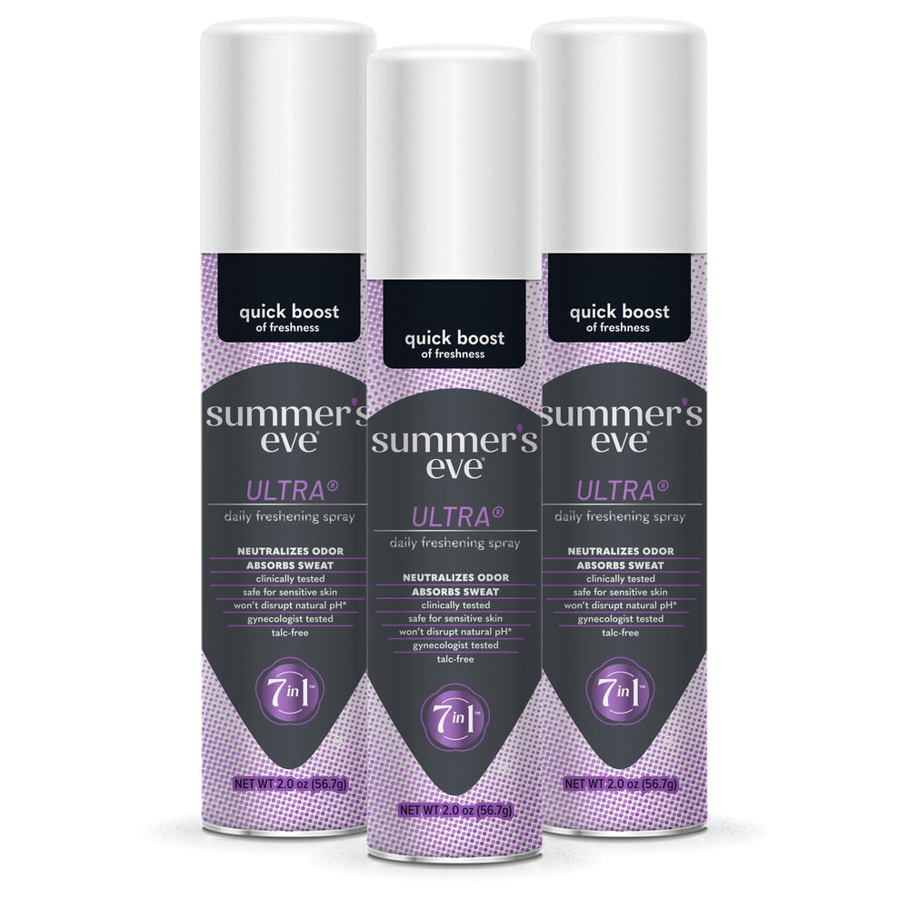Summer's Eve envase frontal mostrando el pack de 3 para transporte y frescura