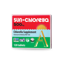 Sun Chlorella frente del empaque mostrando 120 tabletas y beneficios claros