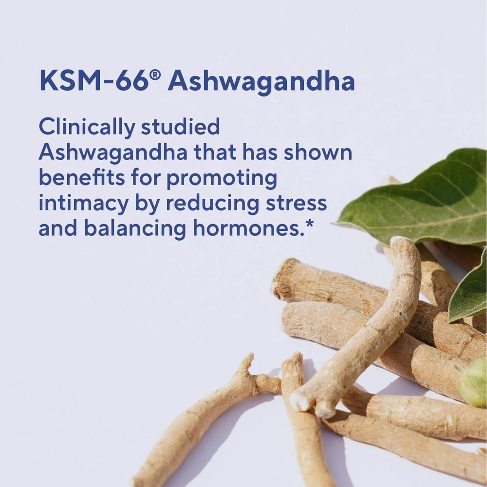 Sunergetic ingredientes ashwagandha, maca y slippery elm visibles, apoyo botánico