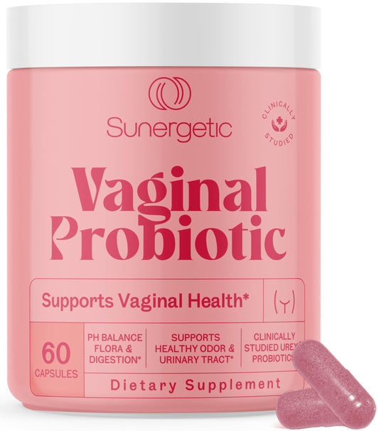 Sunergetic probióticos vaginales premium, botella, apoyo diario para la salud vaginal.