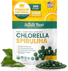 Sunlit Best envase frontal mostrando 500 tabletas y diseño orgánico