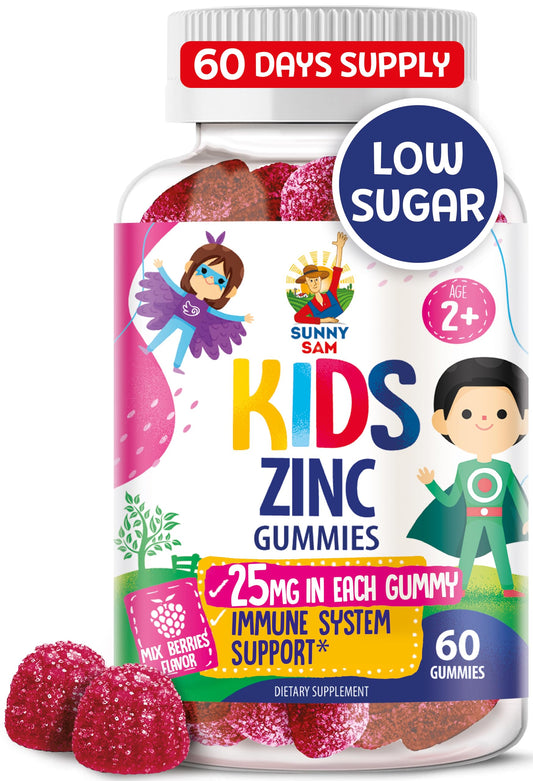 Sunny Sam gomitas de zinc para niños, empaque frontal, apoyo a la inmunidad diaria.