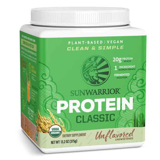Sunwarrior Brown Rice Protein Powder bottle shows clean vegan protein for daily shakes