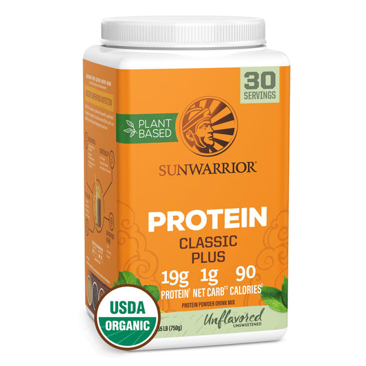 Sunwarrior Classic Plus unflavored bottle showing organic plant-based protein source.